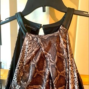Fun, Flirty, Flattering INC Rustic Snake Print dress, leather-like neckline.